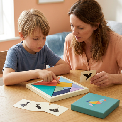 🔷 Shape Stories Geometric Puzzle Box — Colorful Pieces, Curious Silhouettes, and a New Picture in Every Arrangement